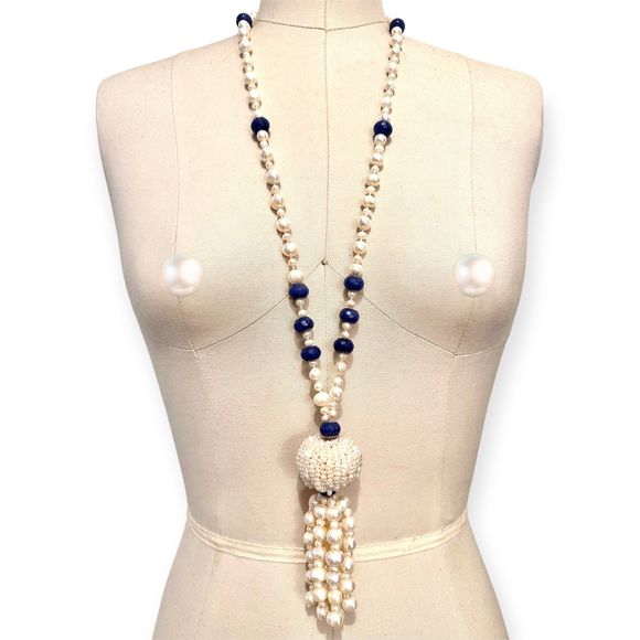 Vintage 1920’s Natural Pearl and Lapis Lazuli Long Tassel Necklace - Picture 6 of 6